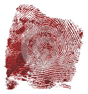 Bloody fingerprint isolated on white background. Red fingerprint. Criminal style