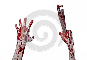 Bloody hand holding an adjustable wrench, bloody key, crazy plumber, bloody theme, halloween theme, white background,isolated