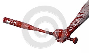 Bloody hand holding a baseball bat, a bloody baseball bat, bat, blood sport, killer, zombies, halloween theme, isolated, white