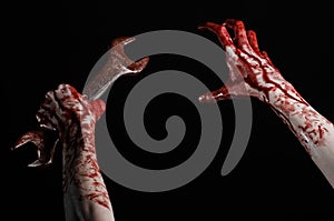 Bloody hand holding a big wrench, bloody wrench, big key, bloody theme, halloween theme, crazy mechanic, black background