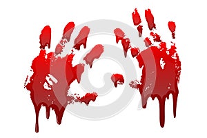 Bloody hand print 3D set isolated white background. Horror scary drip blood dirty handprint, fingerprint. Red palm