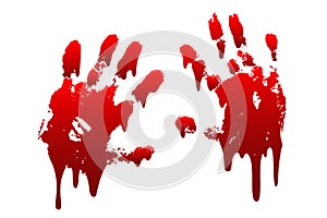 Bloody hand print 3D set isolated white background. Horror scary drip blood dirty handprint, fingerprint. Red palm