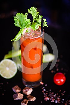 Bloody marry cocktail with fresh tomatoes juice, celery & spices