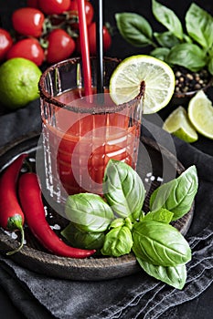 Bloody Mary cocktail. Alcoholic drink with  ingredients on dark background