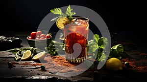 Bloody Mary cocktail in glass with ingredients on table at black background. Delicious tomato bloody mary cocktail. Ai generated