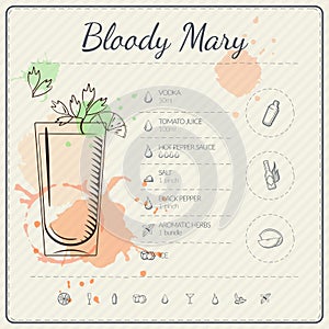 Bloody Mary. Cocktail infographic set. Vector illustration. Colorful watercolor background