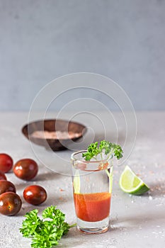 Bloody Mary cocktail and ingredients, copy space.