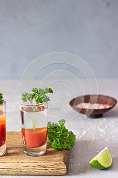 Bloody Mary cocktail and ingredients, copy space.