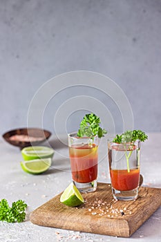 Bloody Mary cocktail and ingredients, copy space.