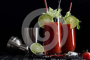 Bloody mary cocktail and ingredients: peper chili, lime, celery, ice and shaker. copy space