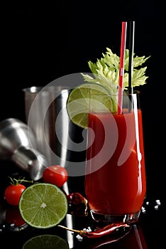 Bloody mary cocktail and ingredients: peper chili, lime, celery, ice and shaker. copy space