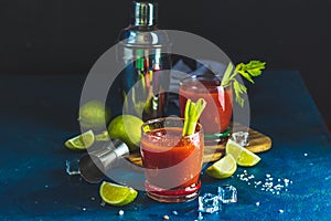 Bloody Mary cocktail in portion drink glasses