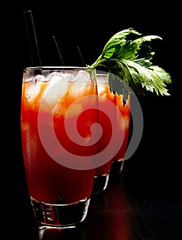 Bloody Mary cocktails with ice cubes and celery on black