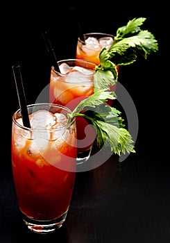 Bloody Mary cocktails with ice cubes and celery on black