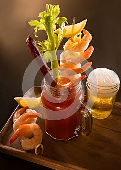 Bloody Mary drink with shrimp and beer chaser