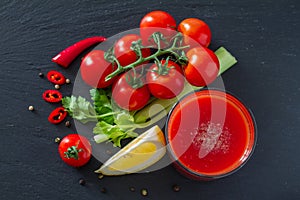 Bloody Mary ingredients on dark stone background