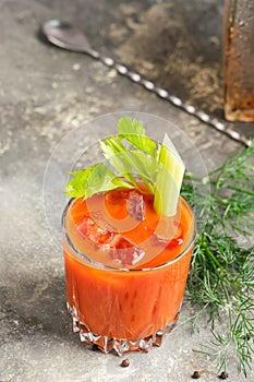 Bloody mary tomato juice cocktail and ingredients tomato, lime, celery, parsley. Strong drinks in elegant glass glasses