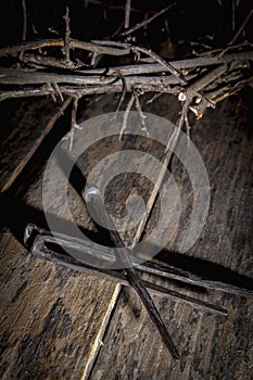 Bloody nails and crown of thorns as symbol of passion of Jesus Christ