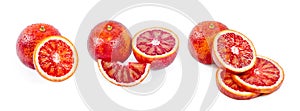 Bloody oranges whole, cut in half and sliced isolated on white background. Red sicilian orange fruit as package design element,