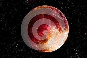 Bloody Red moon in the galaxy background. Science and Planet con