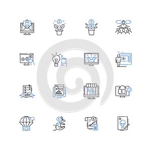 Bloom launch line icons collection. Facebook, Announcement, Launch, Technology, Innovation, Market, Community vector and photo
