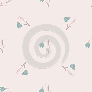 Bloom minimalistic seamless pattern with blue harebell ornament. Pastel light pink background. Simple style