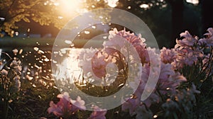 Bloom Scenery: Pink Flowers At Sunset In Fairytale-inspired Uhd Image