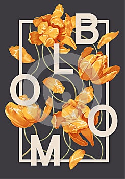 Trendy poster with blooming yellow tulips flowers. Spring theme background.