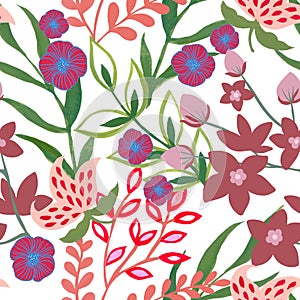 Blooming abstract flower foliage and straberry repeat seamless pattern bouquet blossom illustration