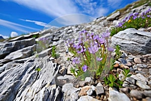 blooming alpine flowers on a lateral moraine
