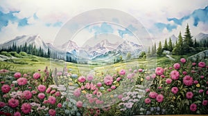 Blooming alpine meadow with mountain backdrop under soft clouds. Wall art wallpaper