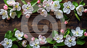 Blooming Apple Orchard: Colorful Flowers on Rustic Wooden Background