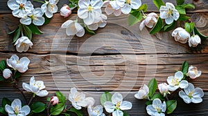 Blooming Apple Orchard: Colorful Flowers on Rustic Wooden Background