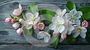 Blooming Apple Orchard: Colorful Flowers on Rustic Wooden Background