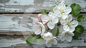 Blooming Apple Orchard: Colorful Flowers on Rustic Wooden Background