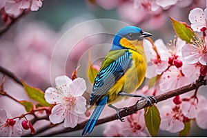 Blooming Beauty: Tanager Perched on Cherry Branch with Delicate Pink Petals