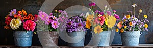 Blooming Bouquets: Set of 4 Colorful Flower Arrangements in Rustic Vases on Table