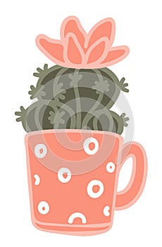 Blooming cactus growing in cup with handle vector