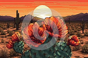 Blooming Cactus at Sunset in the Desert