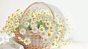 Blooming chamomiles in a wicker basket on table by the window. Daylight. Easter mothers day women\'s day floral banner