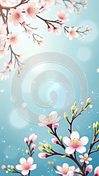 Blooming cherry blossoms on a sunny day with soft blue sky background