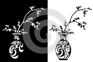 Sakura branches in a vase vector silhouette set