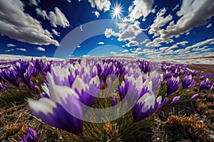 a blooming crocus field in the spring, with a blue sky and fluffy clouds
