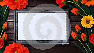 Blooming Delight: Illustration of a Wooden Frame Adorned with Vibrant Orange Flowers