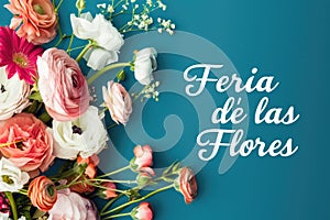 Blooming festivity: feria de las flores highlighted amidst a riot of colorful blossoms, text harmoniously blending with