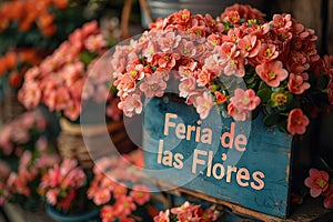 Blooming festivity: feria de las flores highlighted amidst a riot of colorful blossoms, text harmoniously blending with