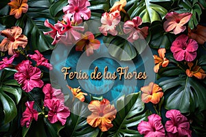 Blooming festivity: feria de las flores highlighted amidst a riot of colorful blossoms, text harmoniously blending with