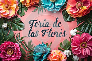 Blooming festivity: feria de las flores highlighted amidst a riot of colorful blossoms, text harmoniously blending with photo