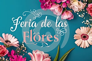 Blooming festivity: feria de las flores highlighted amidst a riot of colorful blossoms, text harmoniously blending with photo