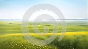 Blooming flat steppe with fresh green grass on a bright day with light fog in the background,